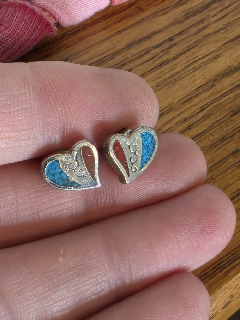Heart-Shaped Stud Earrings in Turquoise & Coral sterling 925 silver vintage